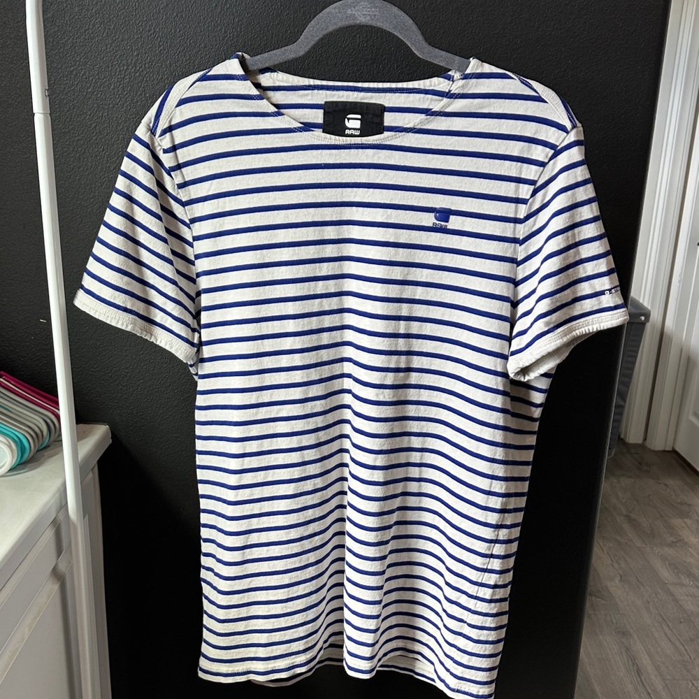 G-Star Blue and White Striped Short Sleeve Tee